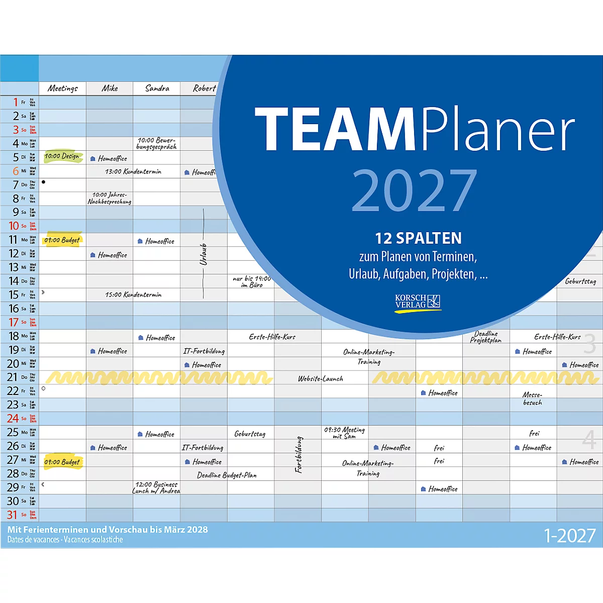 TEAMPlaner 2027 mit 12 Spalten zur Terminplanung, übersichtlich gestaltet mit Monatsübersicht und Ferien.