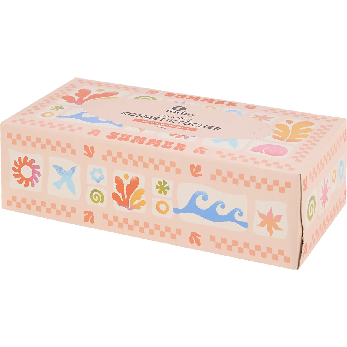 Eine pastellfarbene Kosmetiktücherbox mit sommerlichen Illustrationen wie Sonne, Wellen und Blumen auf rosa Hintergrund.