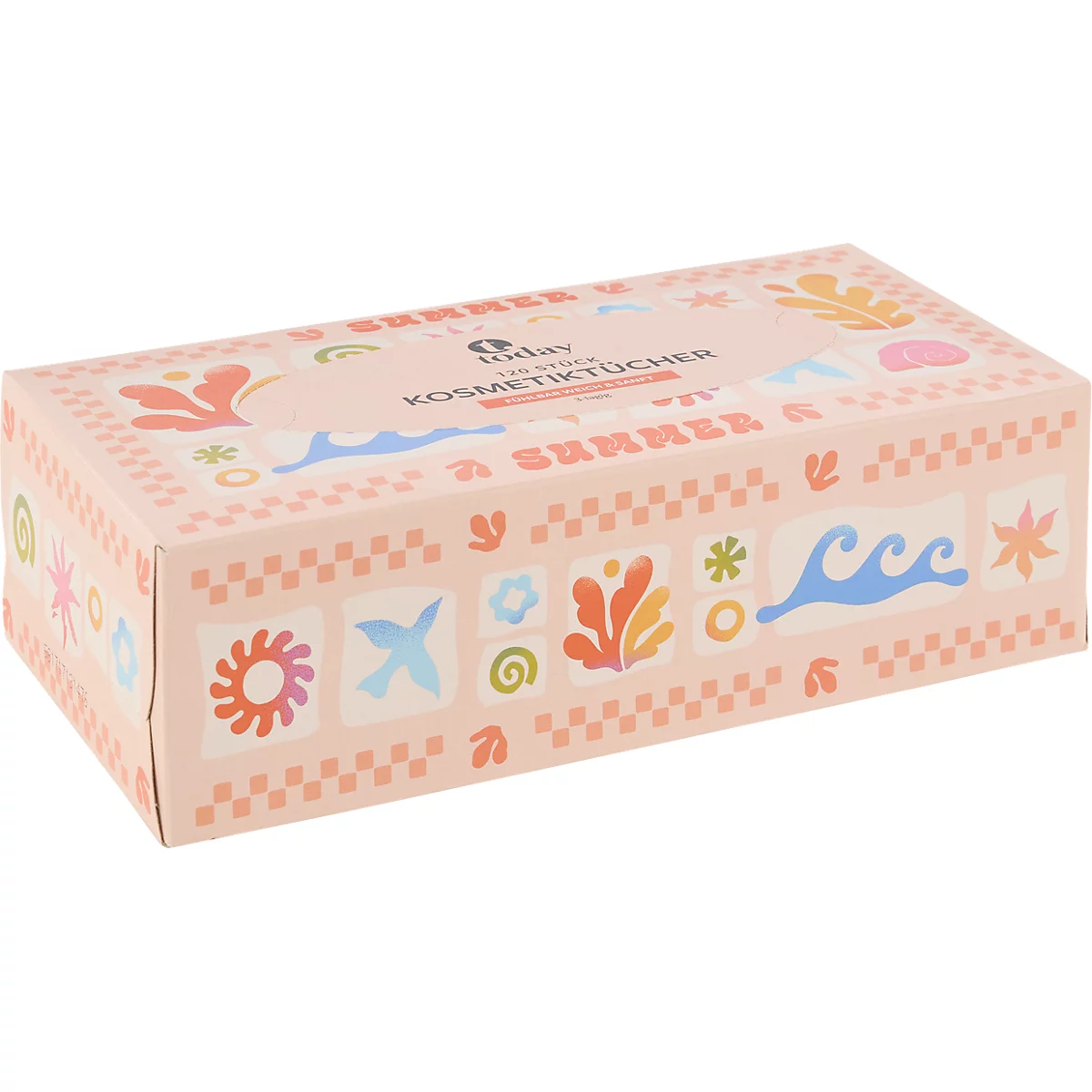 Rechteckige Box mit Kosmetiktüchern in Pastellrosa, verziert mit sommerlichen Symbolen wie Wellen und Sonne.