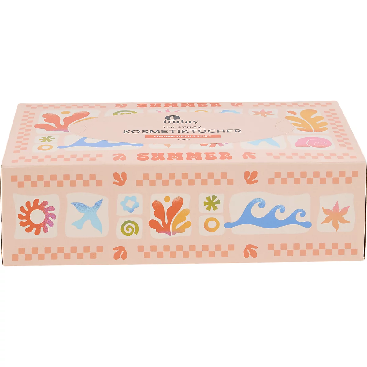 Rechteckige Kosmetiktücher-Box in Hellrosa mit verspielten, sommerlichen Mustern wie Wellen und Blumen.
