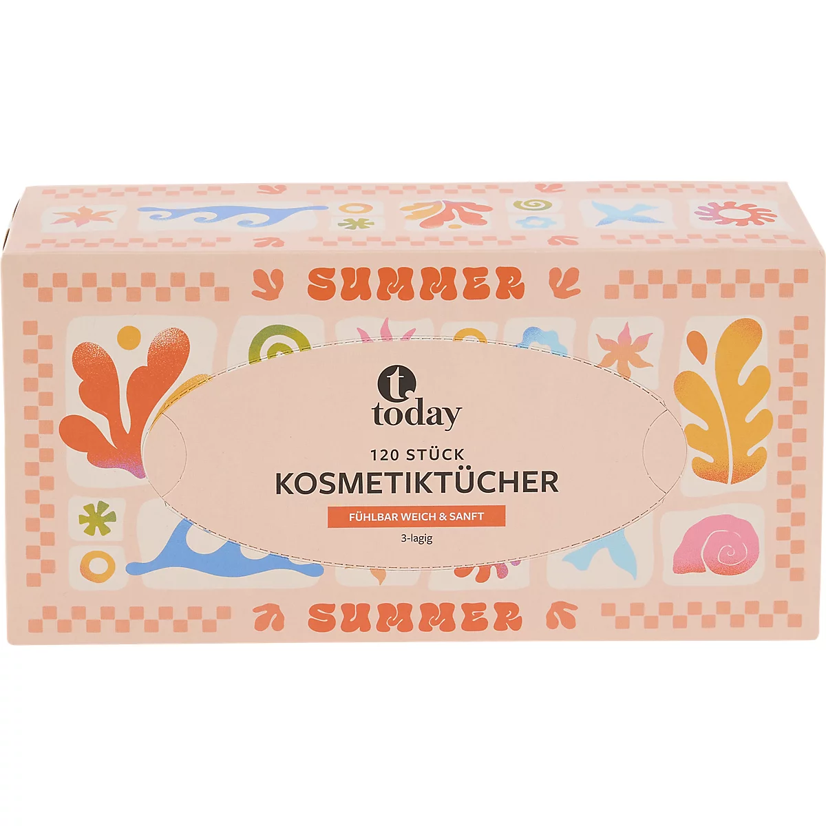 Rosa Kosmetiktücher-Box von today mit sommerlichem Muster, 120 Stück, 3-lagig.