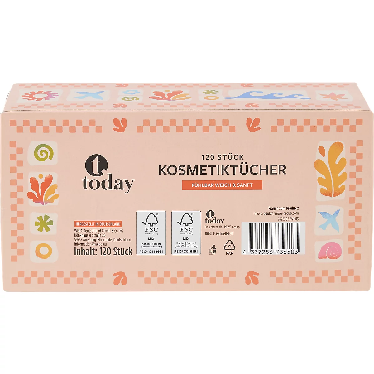 Rosa Kosmetiktücher-Box von today mit 120 Stück, verziert mit bunten, organischen Mustern.