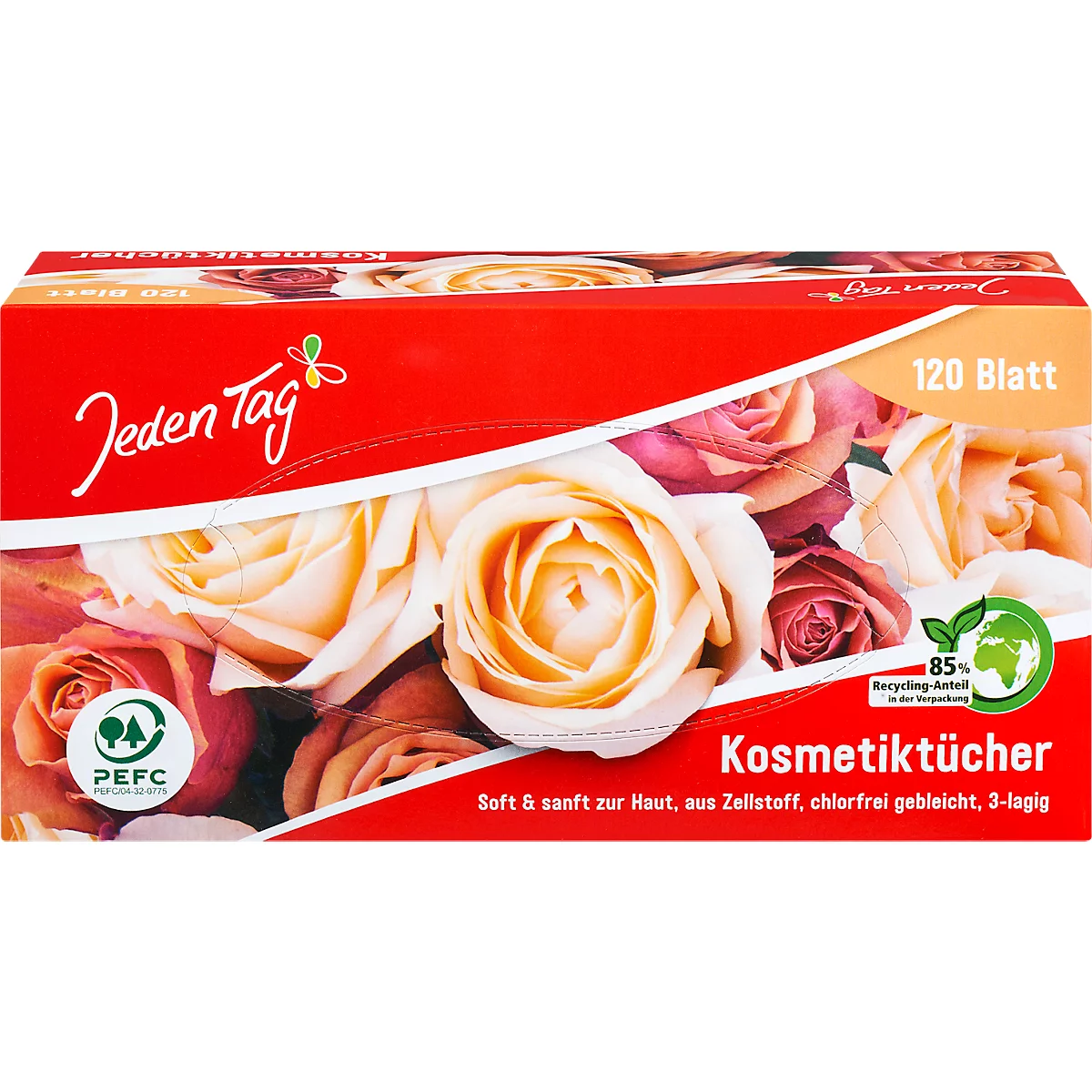 Kosmetiktücher 'Jeden Tag', 120 Stück, 3-lagig, im Spenderkarton, Holzzellstoff, chlorfrei gebleicht, weiß