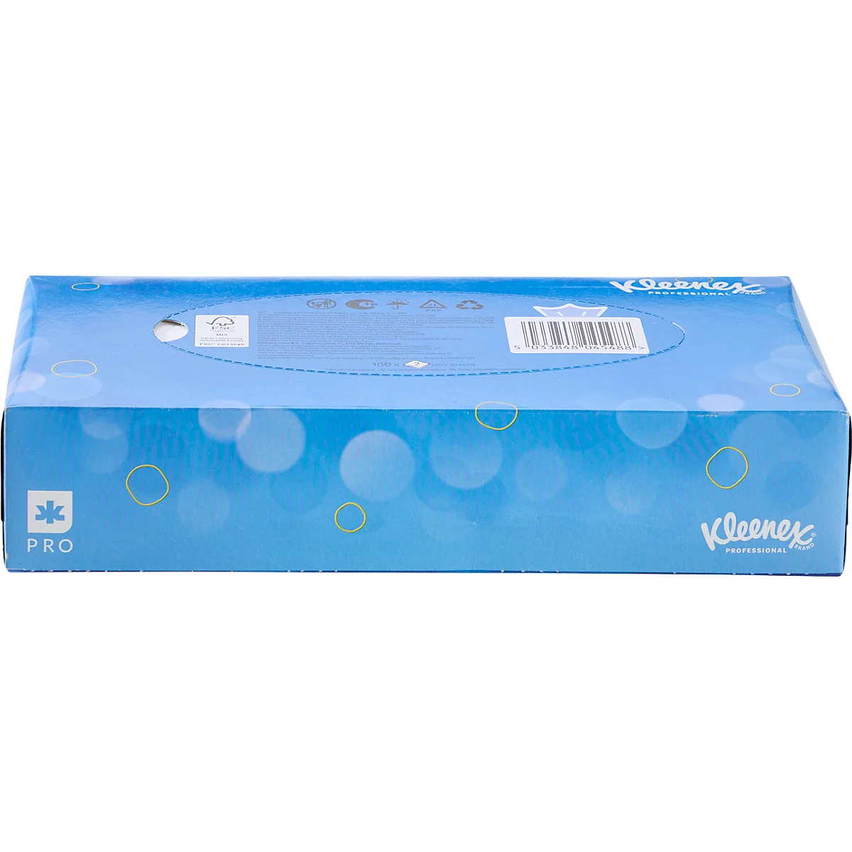 Eine blaue Kleenex-Box mit weißem Deckel. Auf der Box befinden sich Logos, Text und ein Muster aus Kreisen.