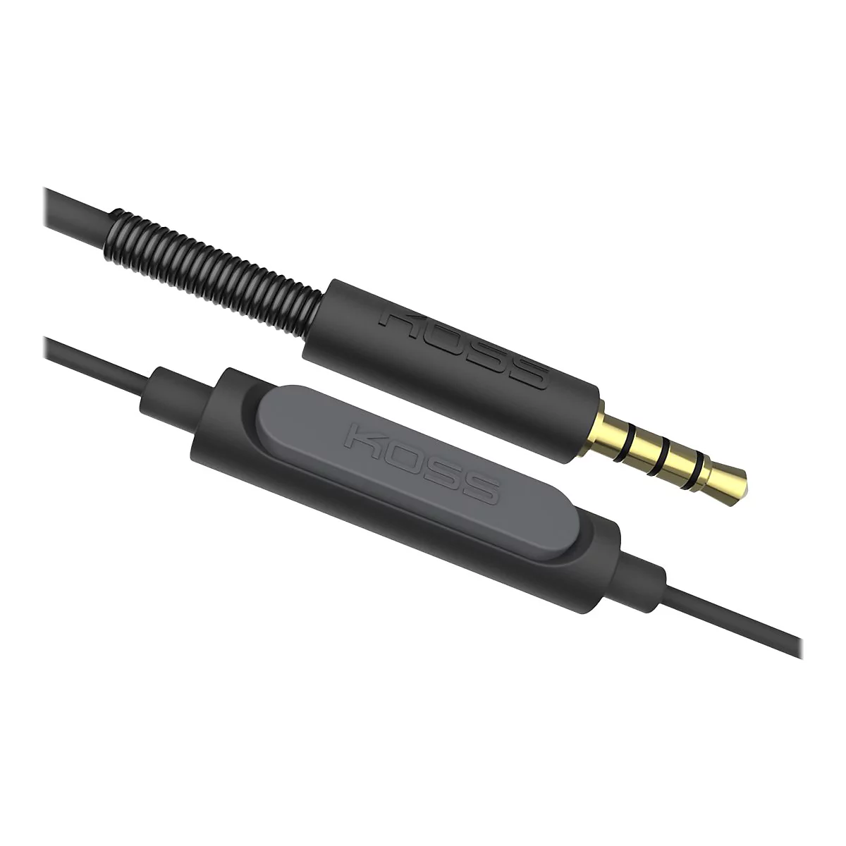 Ein schwarzes Audiokabel mit Klinkenstecker, Steuerteil und Aufdruck KOSS.