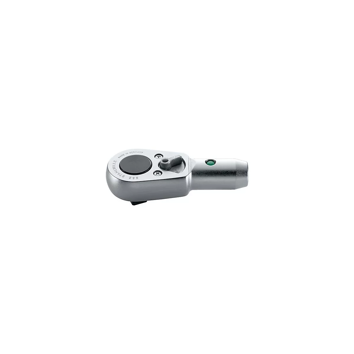 Metalen ratel met opschrift Stahlwille, Made in Germany, groene knop.