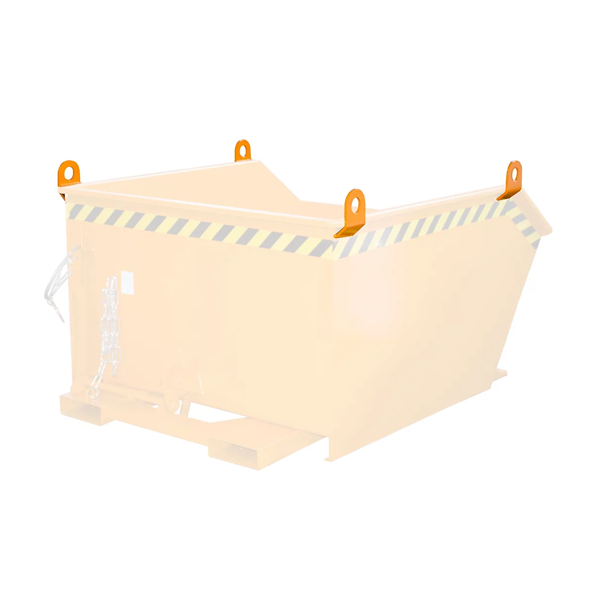 Beige afvalcontainer met oranje hijsogen en waarschuwingsstrepen.