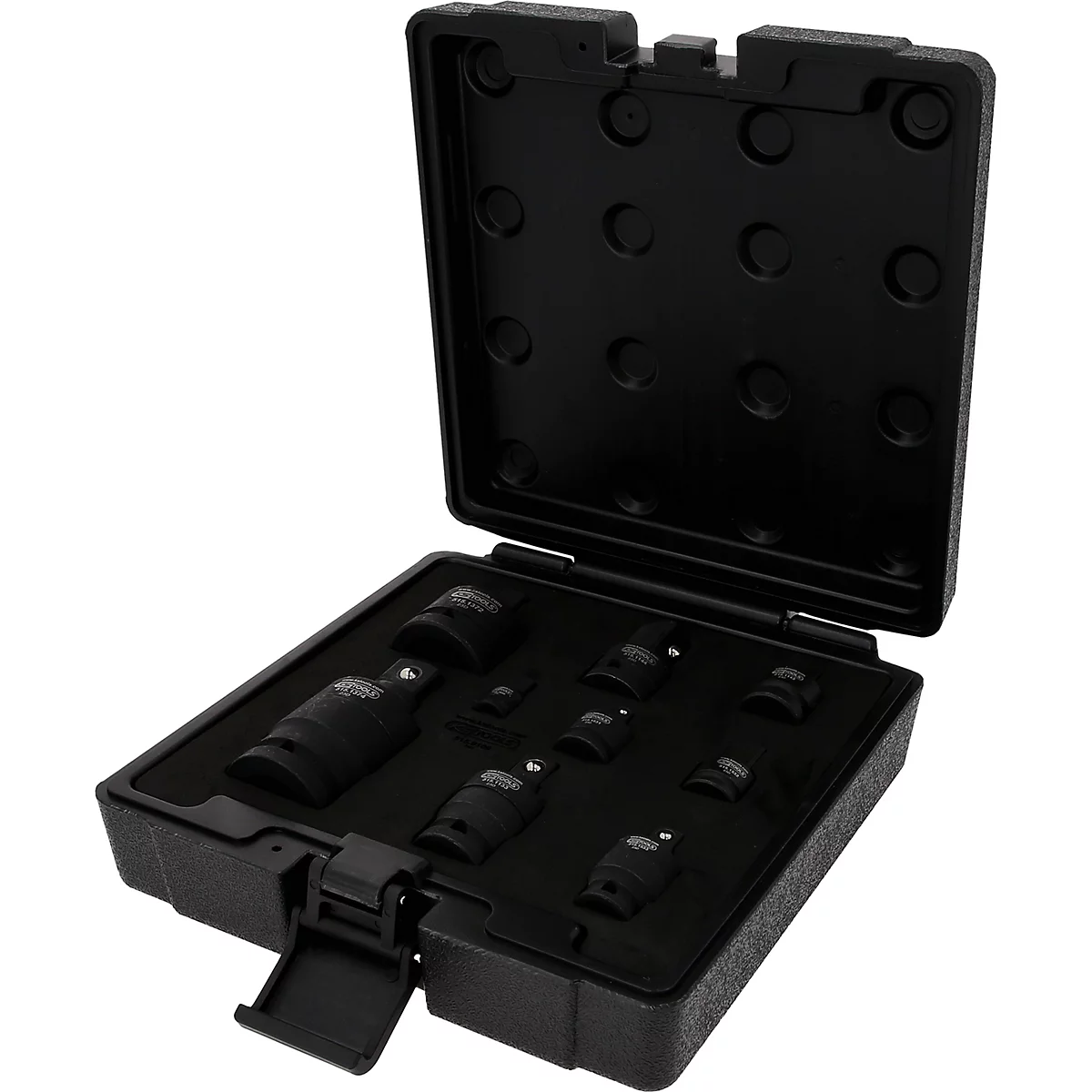 Schwarzer Werkzeugkasten mit diversen Steckschlüsseln. Der Kasten ist geöffnet und die Werkzeuge liegen in einer schwarzen Schaumstoffaussparung.