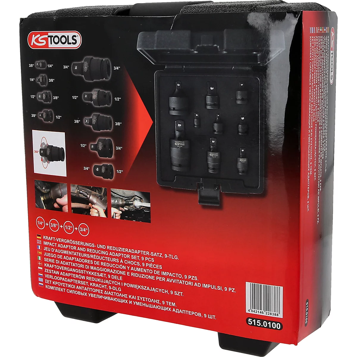 Schwarzes Werkzeugset in einer Box mit dem Logo "KS TOOLS". Die Box zeigt verschiedene Werkzeuge und eine detaillierte Beschreibung.