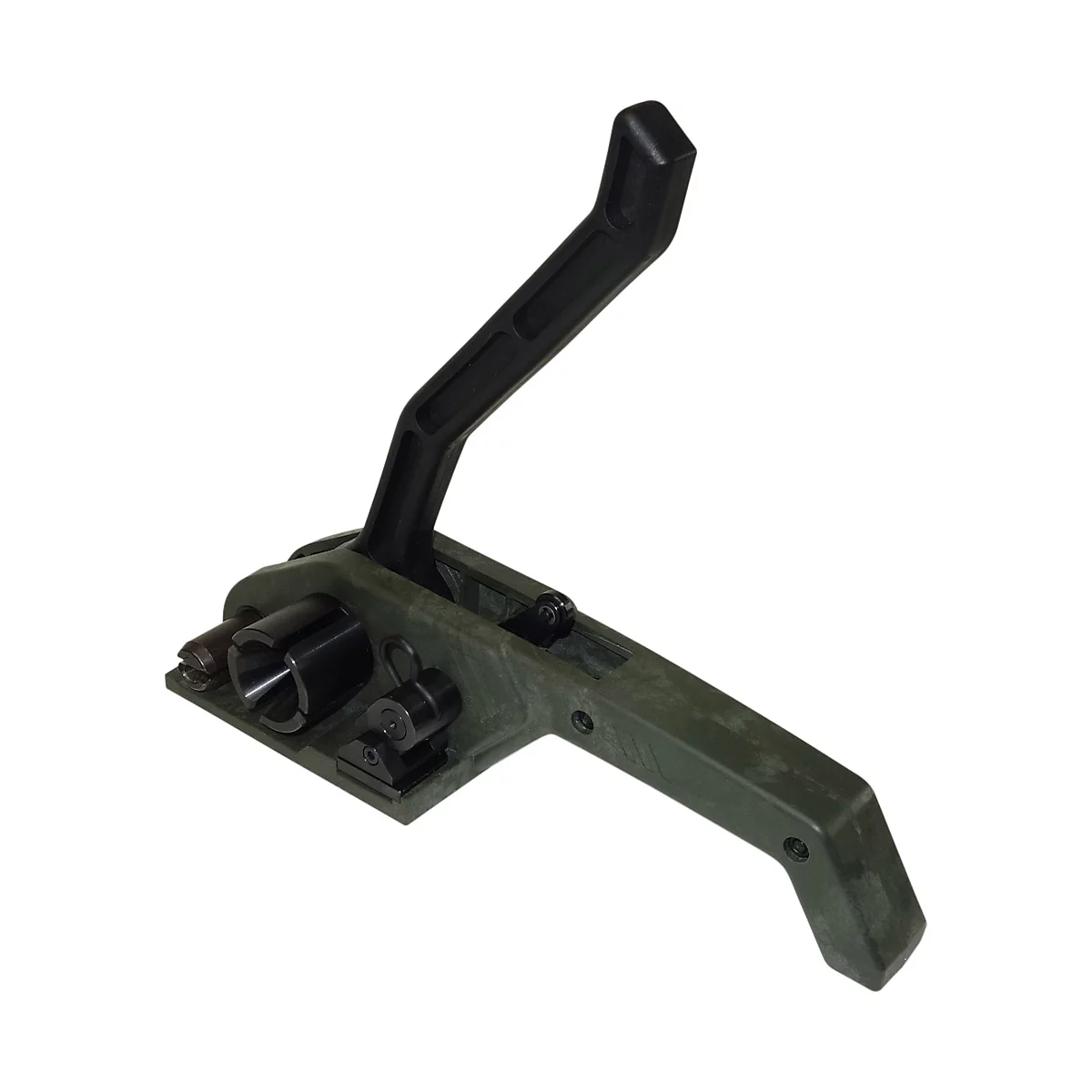Ein grüner, mechanischer Hebel mit schwarzen Bauteilen vor weißem Hintergrund.