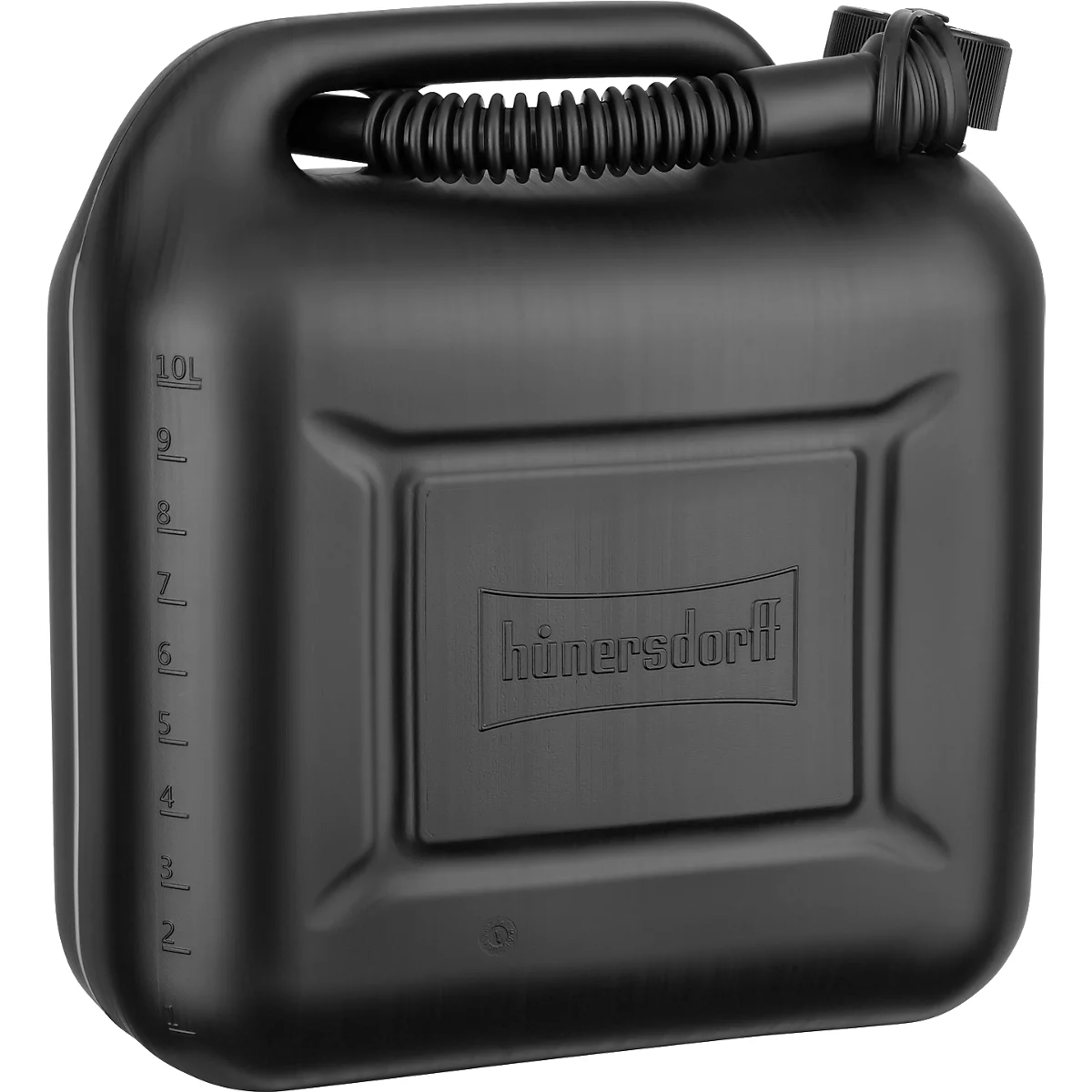 Schwarzer Kanister mit Griff und Ausgießer. Skala und Logo erkennbar.