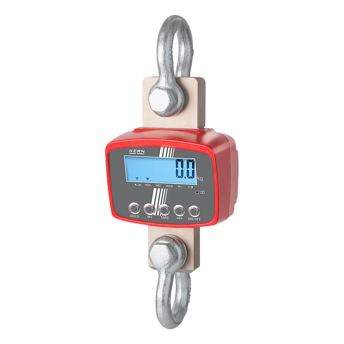 Digitale Hängewaage mit rotem Gehäuse und Anzeige 0.0 kg. Zwei Ösen, oben und unten, sind befestigt.