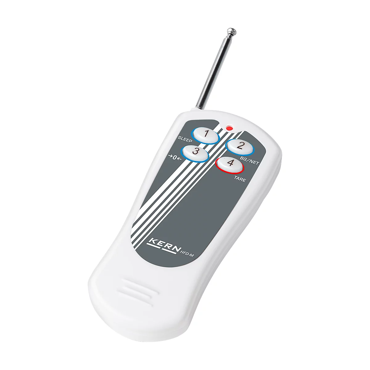 Weisse Fernbedienung mit Antenne, grauen Streifen und farbigen Knöpfen.