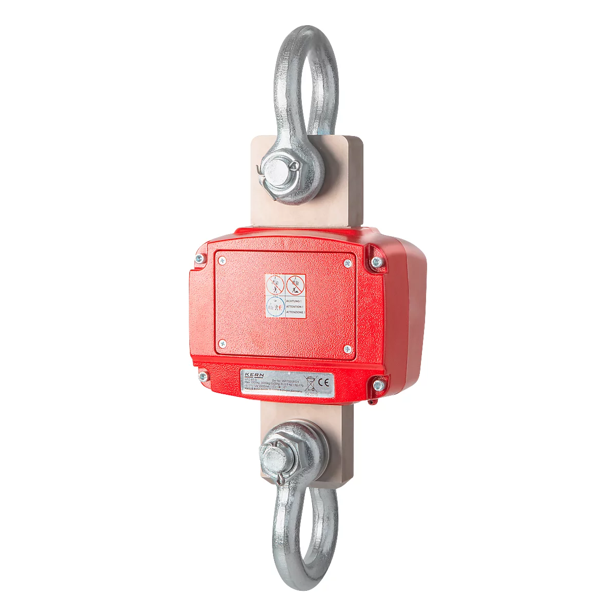 Rote Hebewaage mit zwei Metallhaken und Holzblöcken. Ein Schild ist auf der Waage angebracht.