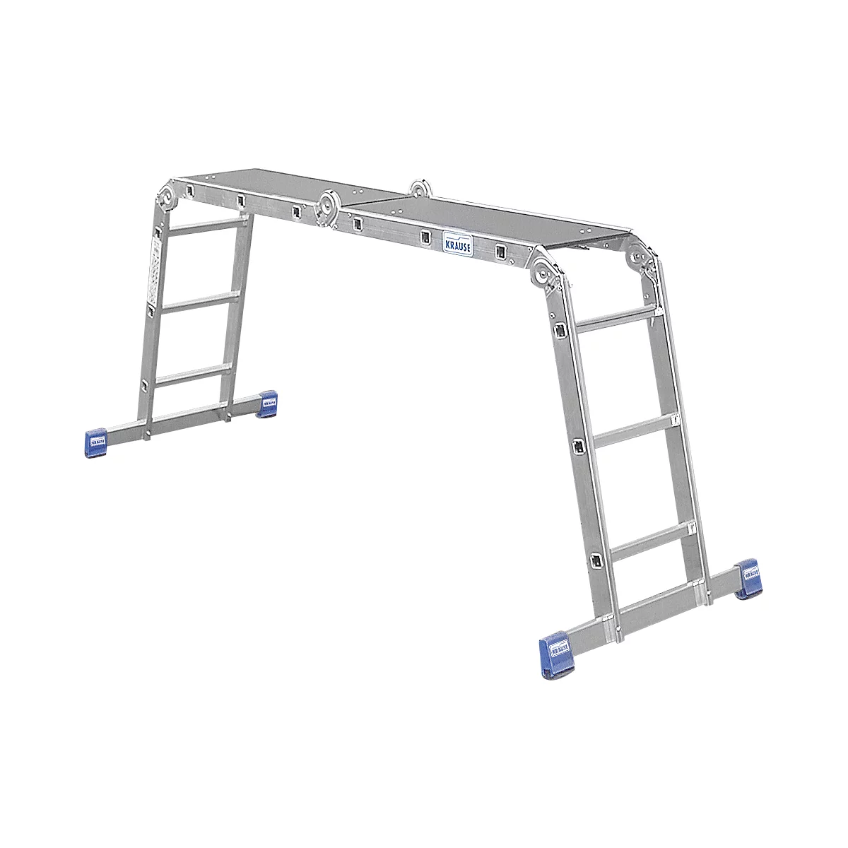 Aluminum ladder with platform. U-shaped, with blue feet and the lettering KRAUSE.