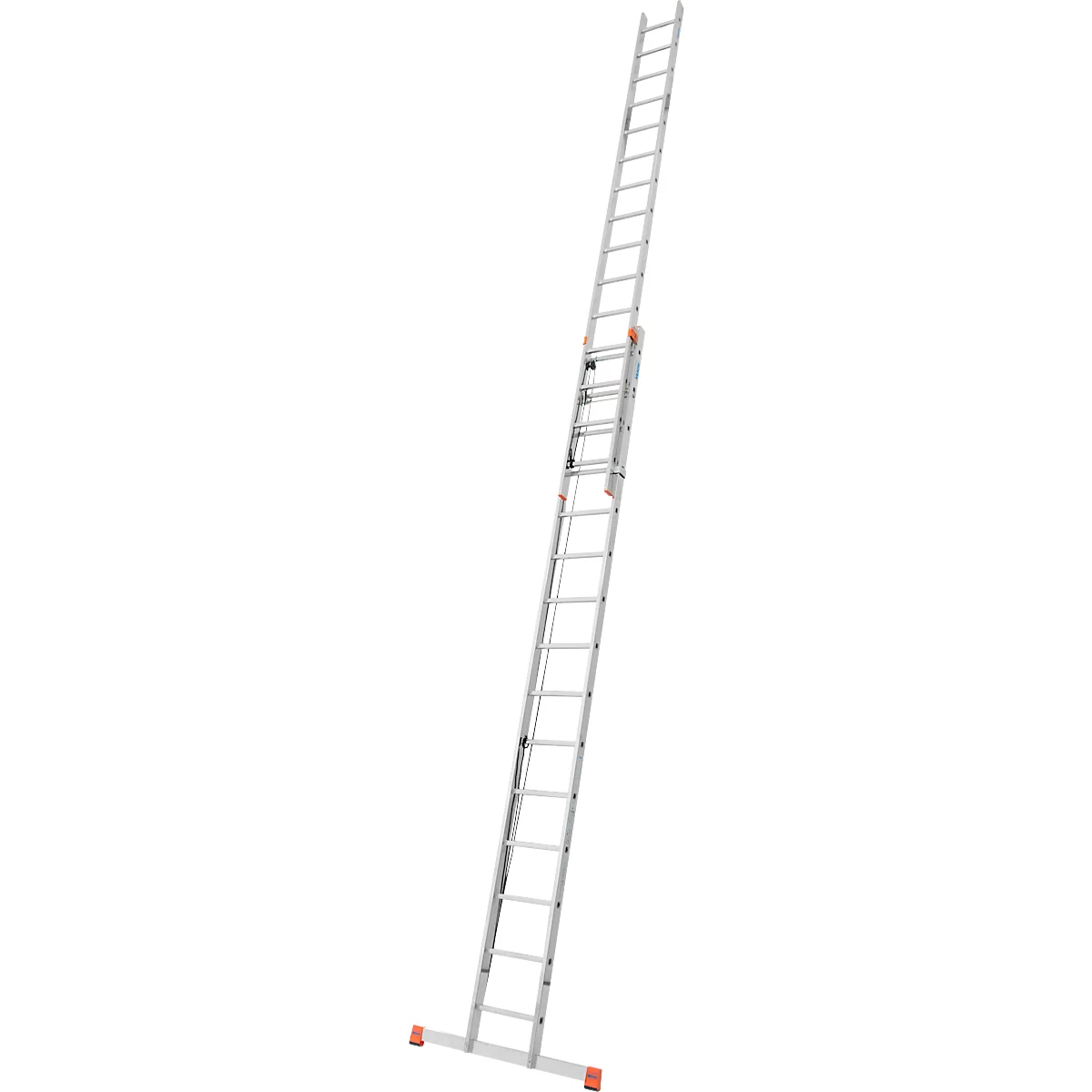 Extendable aluminum ladder, angled. Orange feet, silver rungs.
