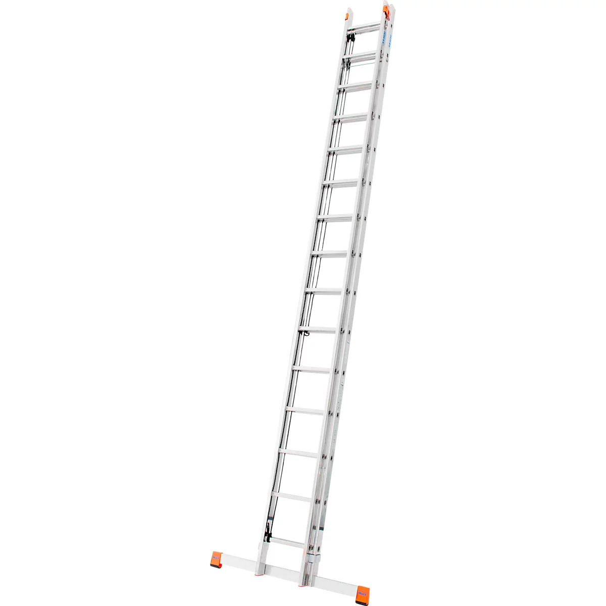 Silver-colored ladder, set up. Orange end caps and a wide base provide stability.