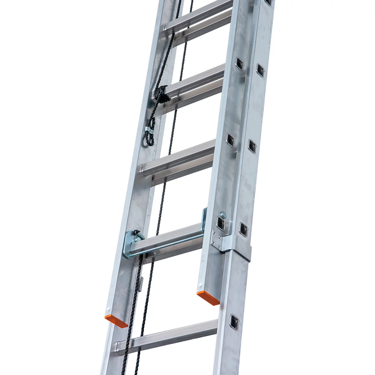 Silver ladder, partially cut, detail shot. Black ropes run between the rungs. Orange-red end pieces.