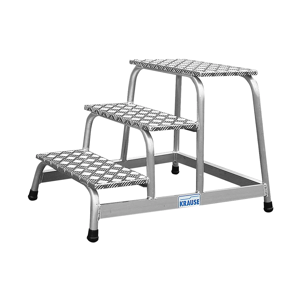 Three-step aluminum stepladder with non-slip surface, and the text "Krause".