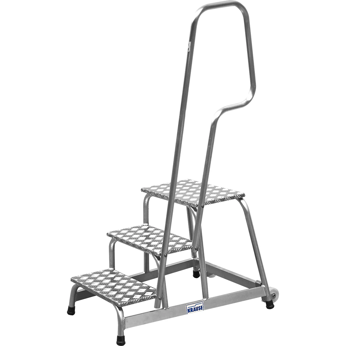 Grey step ladder with three steps and a handrail. The treads are made of checkered plate.