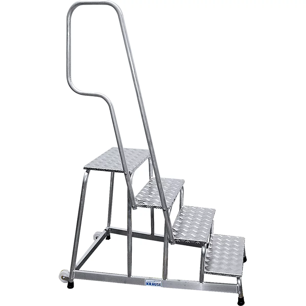 Metal step ladder with three steps and a handrail, isolated on white background.