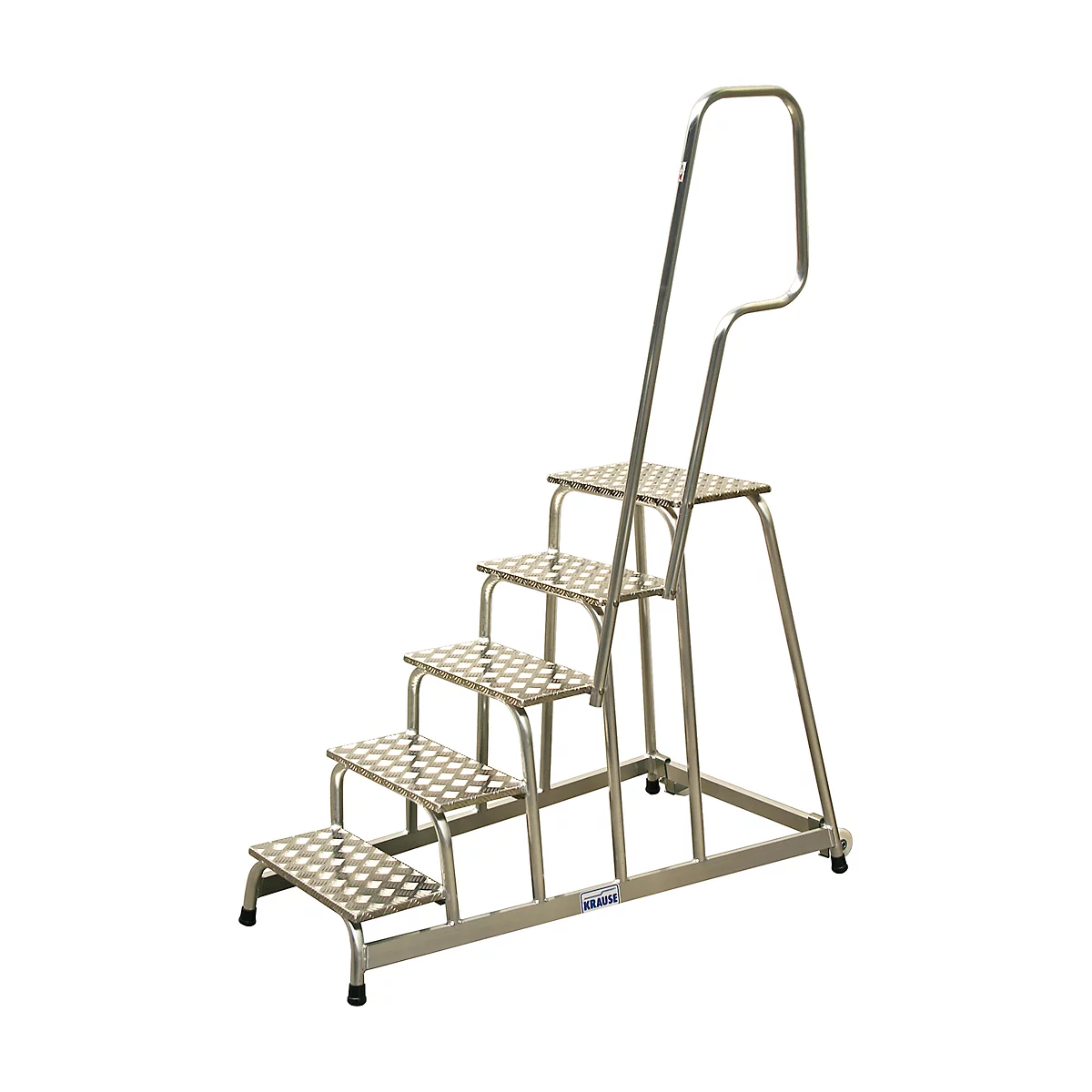 A silver stepladder with five steps, handrail, and non-slip surface.