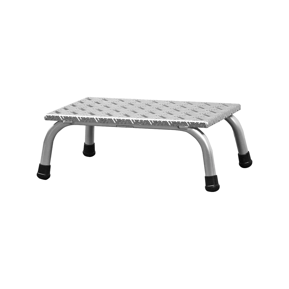 Small, silver step stool with a diamond plate surface. Black rubber feet.