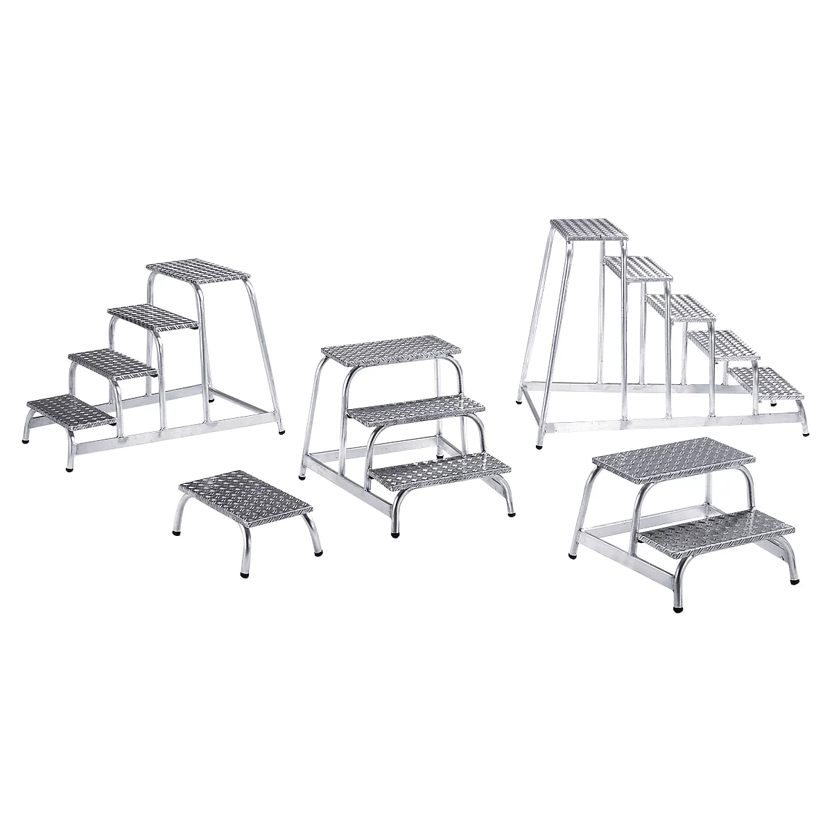 Various metal step ladders in different sizes.