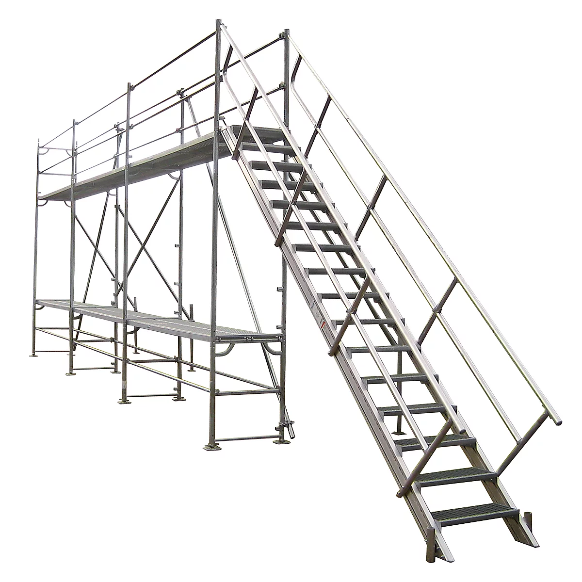A scaffold with stairs, standing against a white background.