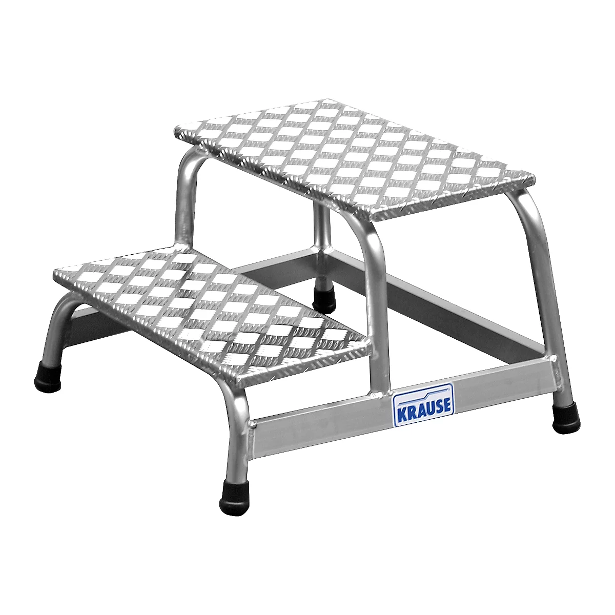 Silver two-step step stool with diamond plate surface and black rubber feet. Text: KRAUSE.