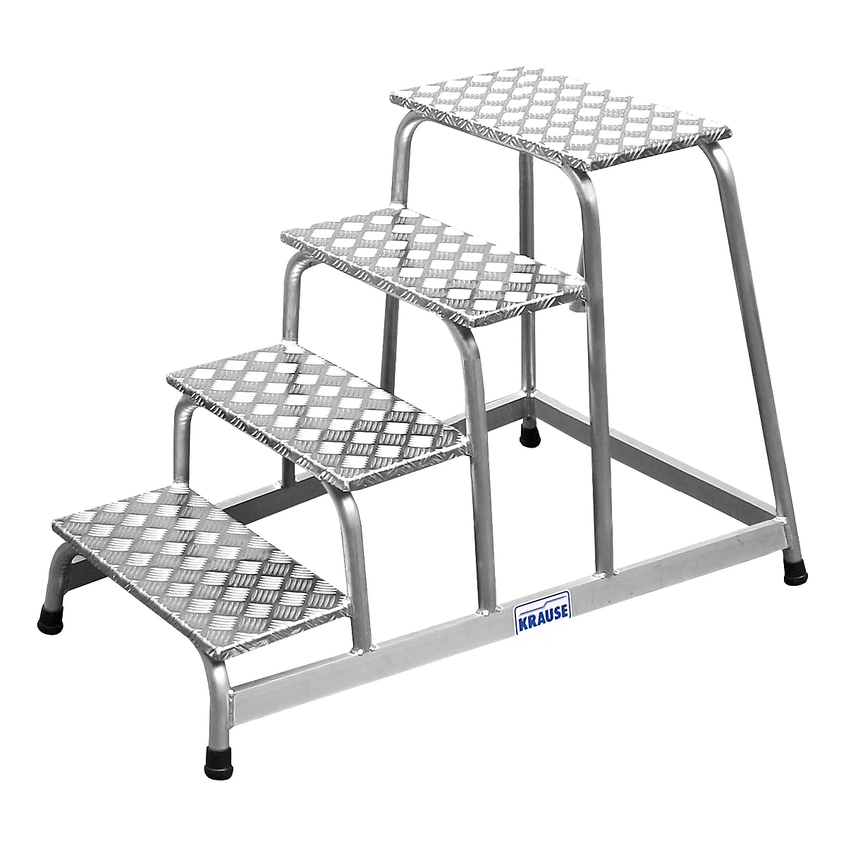 A silver step ladder with four steps, a ribbed surface, and the "KRAUSE" logo.
