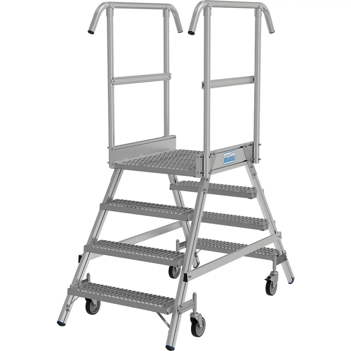 Aluminium trap met platform en leuning, op wielen.