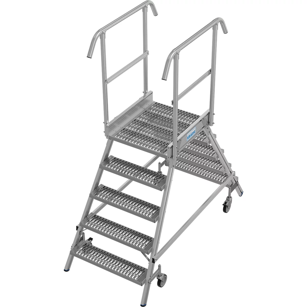 Zilveren rolstepladder met platform, reling en wielen.