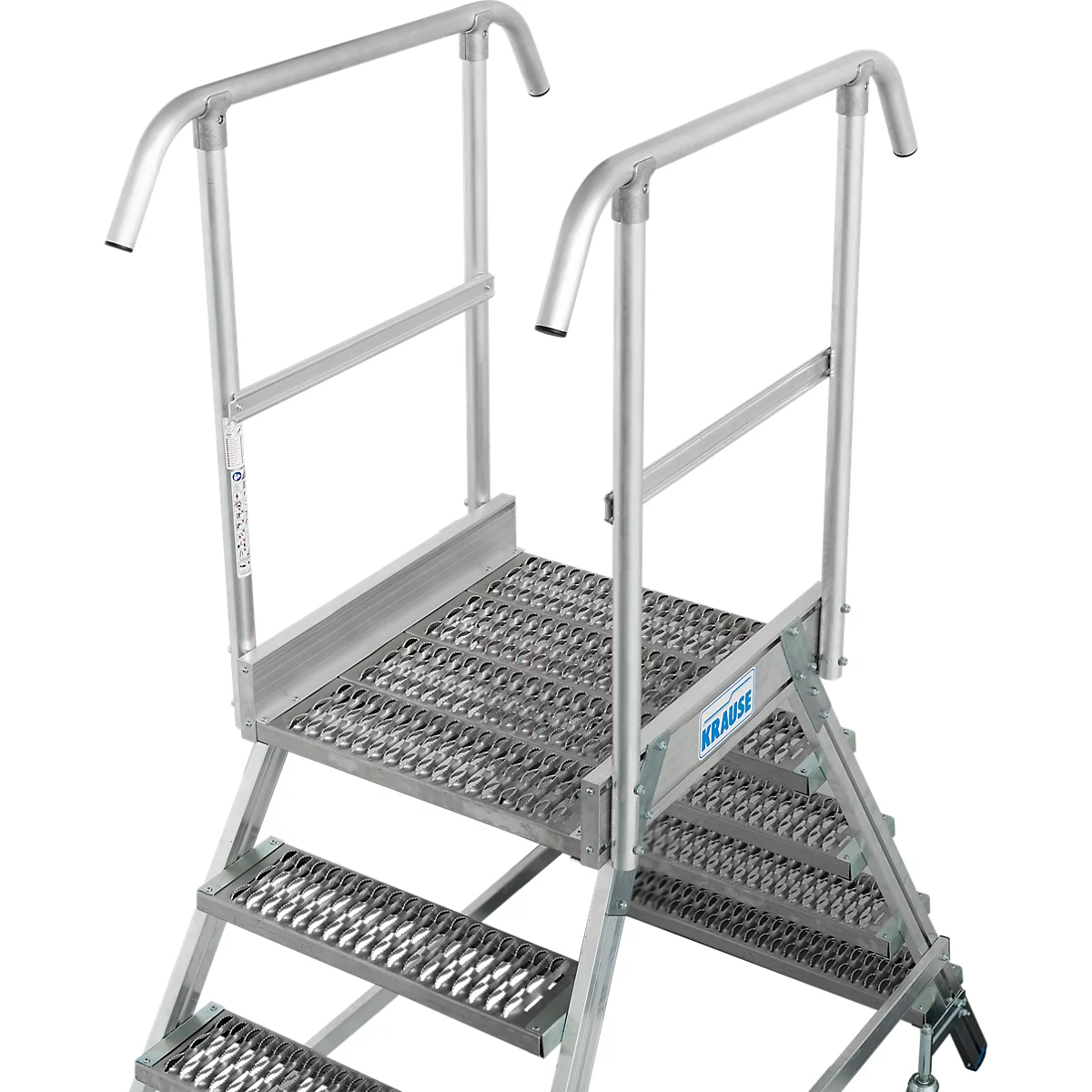 Metalen trap met leuningen. De ladder heeft meerdere treden en een platform. De belettering "KRAUSE" is zichtbaar.