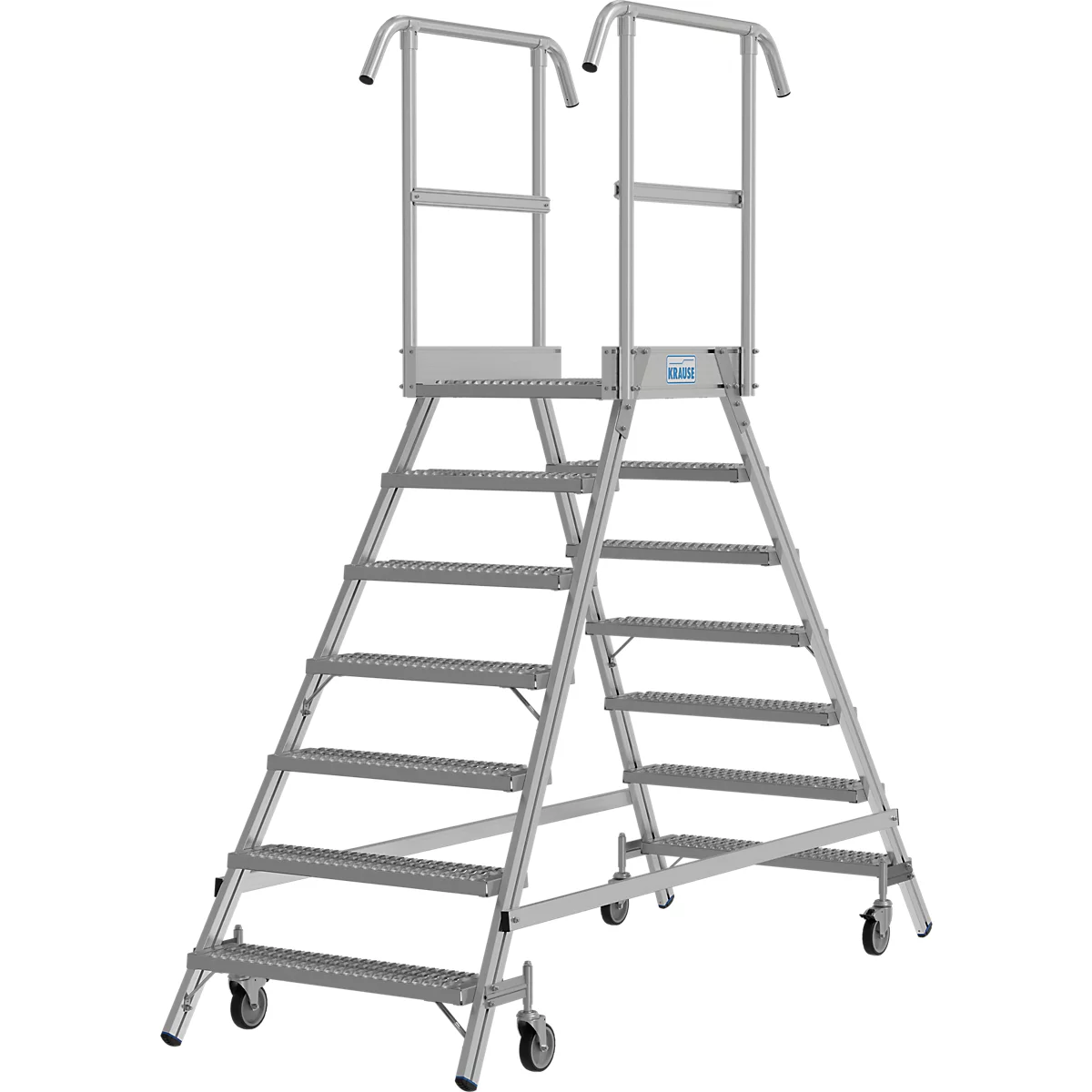 Een zilverkleurige rolstepladder. Het heeft zeven treden, een leuning en een klein platform. Het logo is zichtbaar op het platform.