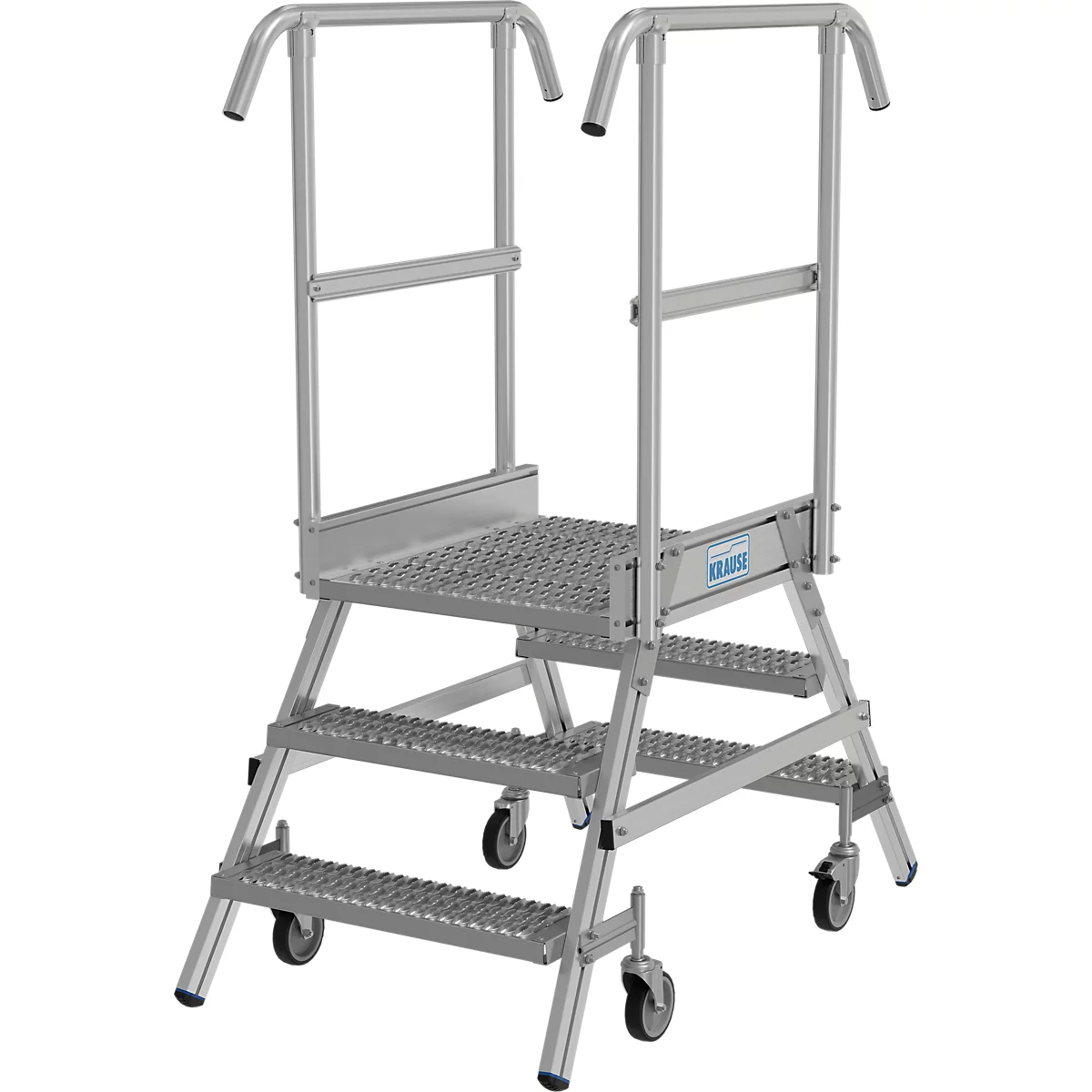 Aluminium-Stehleiter mit Plattform, zwei Handläufen und Rollen für Mobilität. Logo des Herstellers sichtbar.