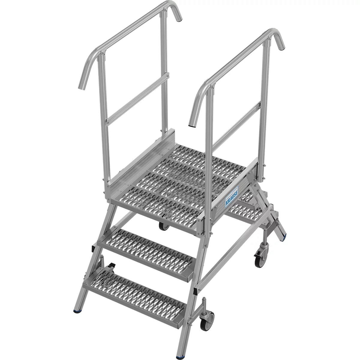 Eine silberne Steighilfe mit Treppen, Plattform und Geländern. Auf Rädern. Logos sind sichtbar.