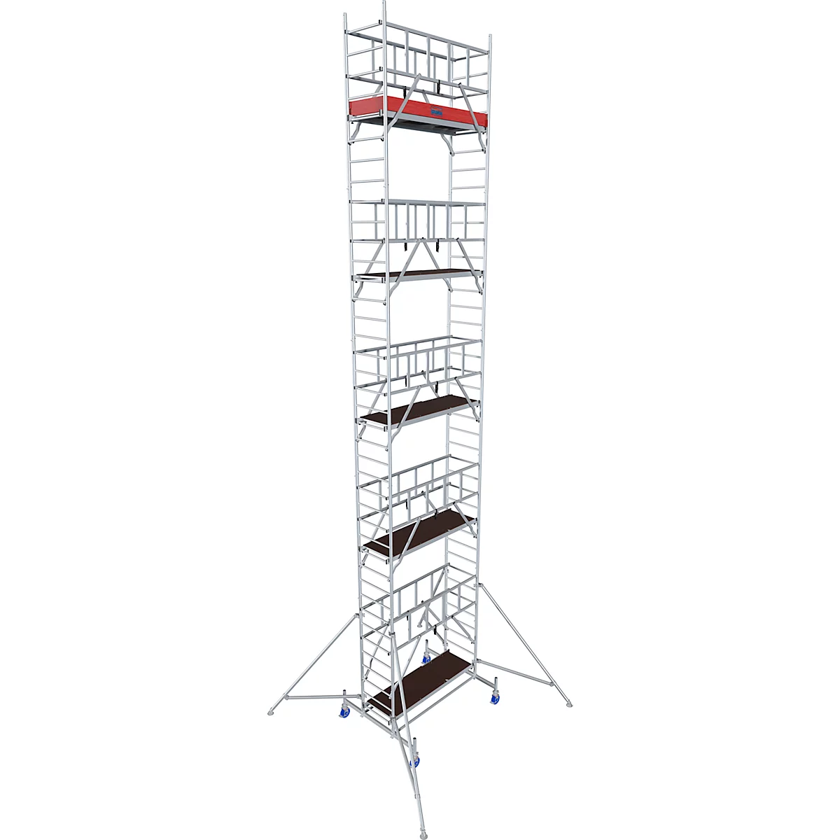 Tall metal scaffolding with several platforms. The top one is red.