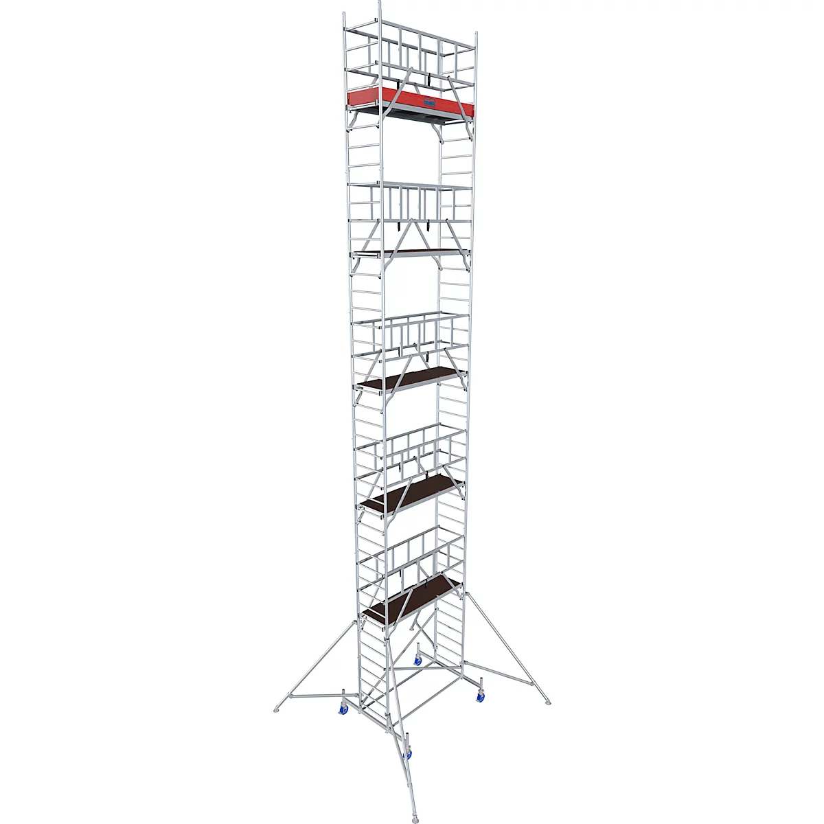 Tall metal scaffolding. Multiple platforms, rollers, red railing, for working at height.