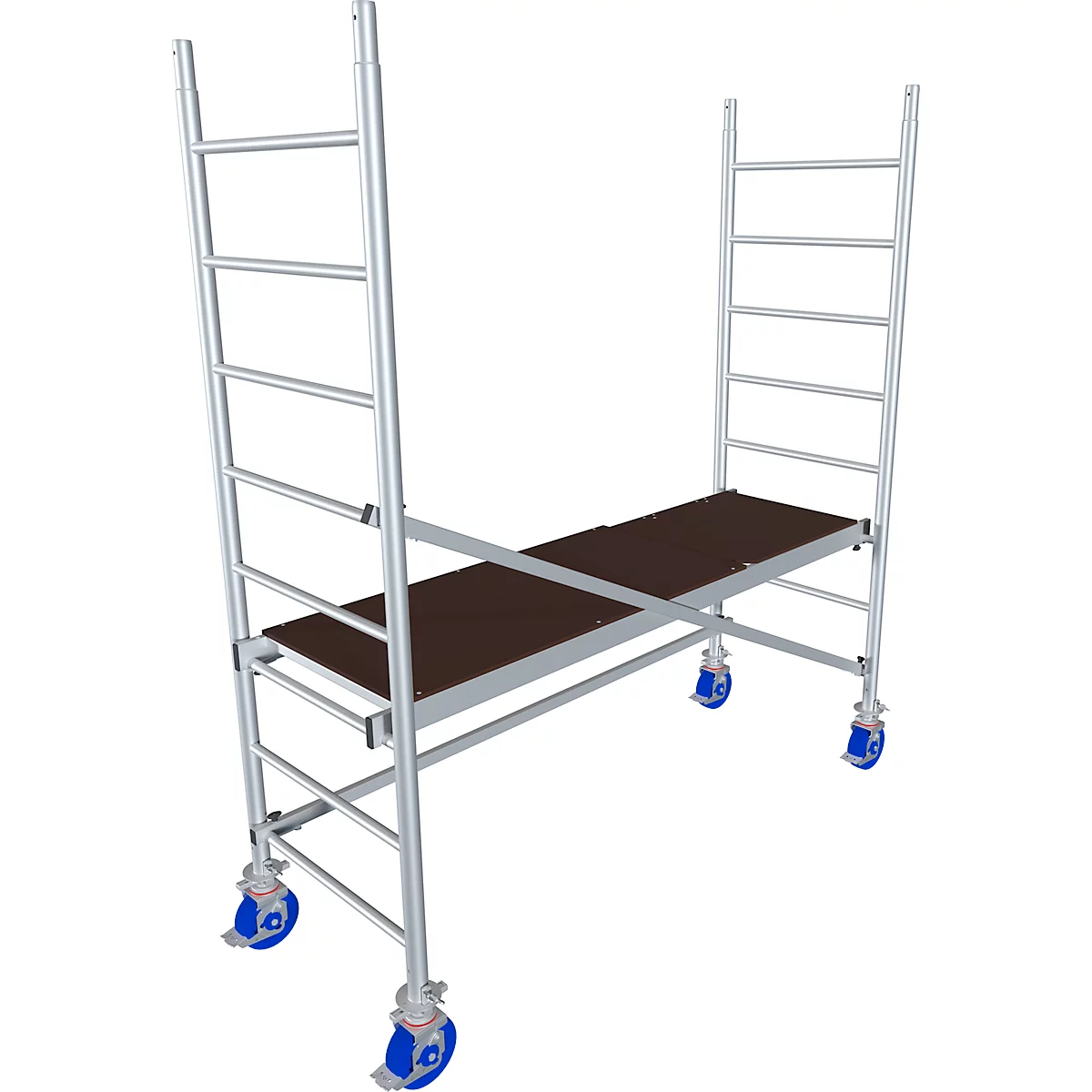 Scaffolding on wheels. Silver construction with brown standing surface. Blue castors.