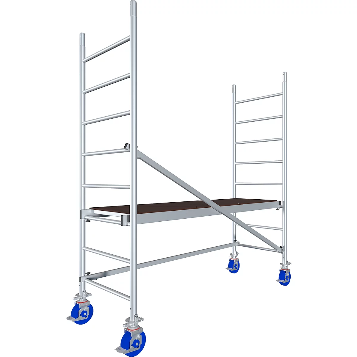 Scaffolding with wheels, metal construction, platform, against white background.