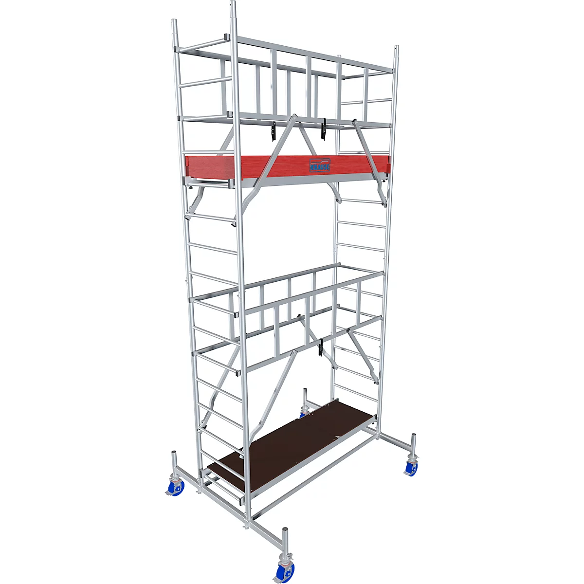 A silver scaffolding on wheels, with red elements and brown platforms.