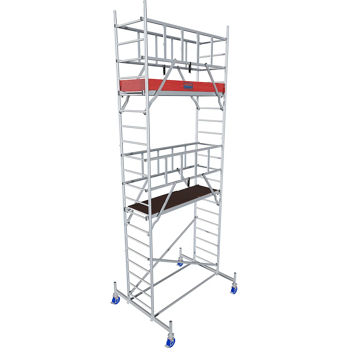 A metal scaffolding, with two working platforms and wheels.