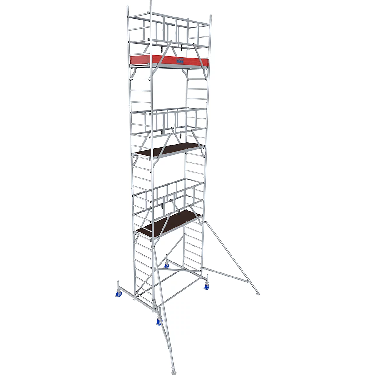 Tall, silver scaffolding with red elements and brown platforms. It has castors and stands stably against a white background.