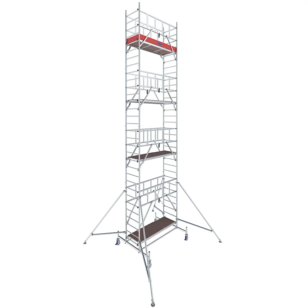 A tall metal scaffold with multiple work platforms. Red at the top, brown at the bottom. Wheels on the feet.