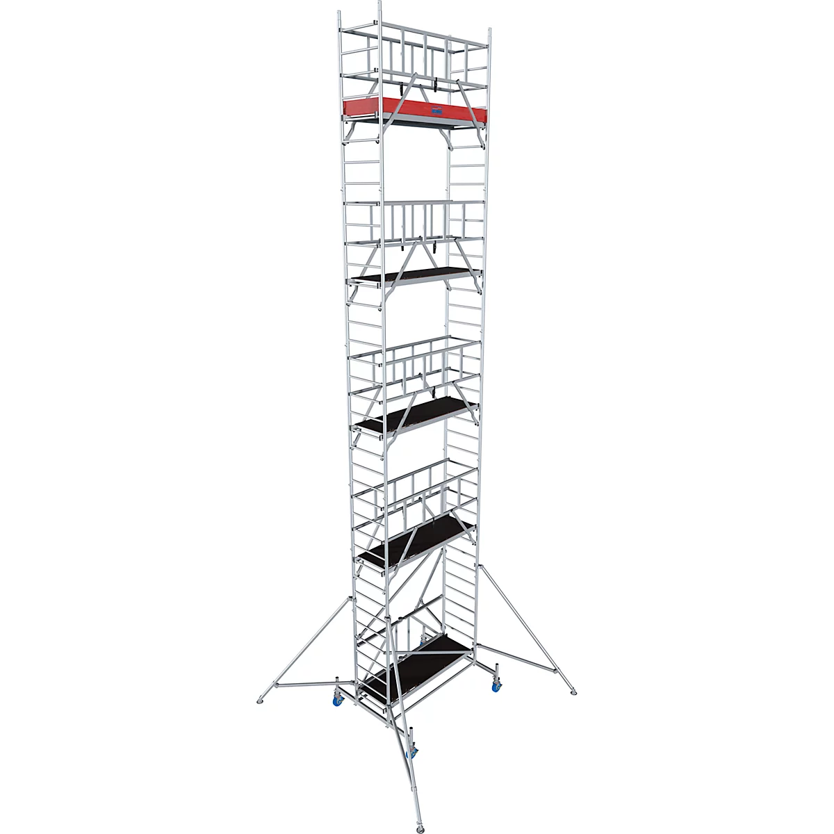 A silver scaffolding stands on wheels. It has several platforms and ladders, as well as a red platform at the top.