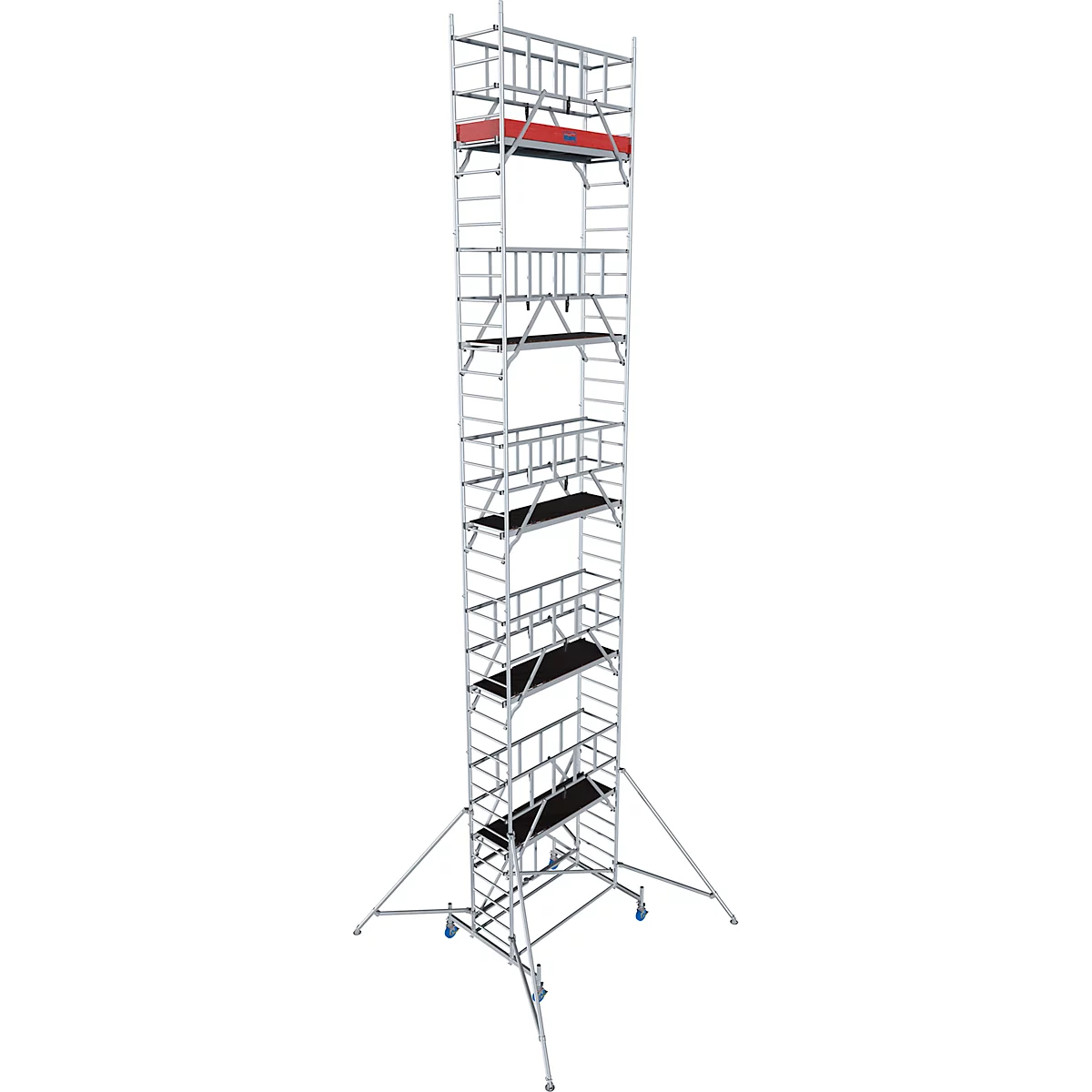 Scaffolding with wheels. Silver metal structure, multiple levels with black surfaces, red upper platform.