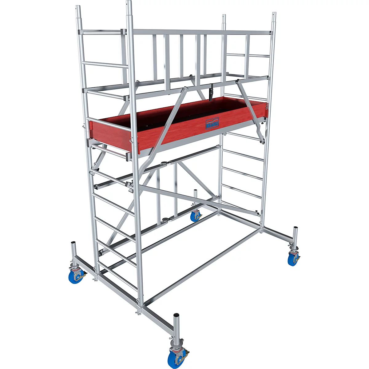 Scaffolding with red platform and rollers. Made of aluminium. Blue rollers.
