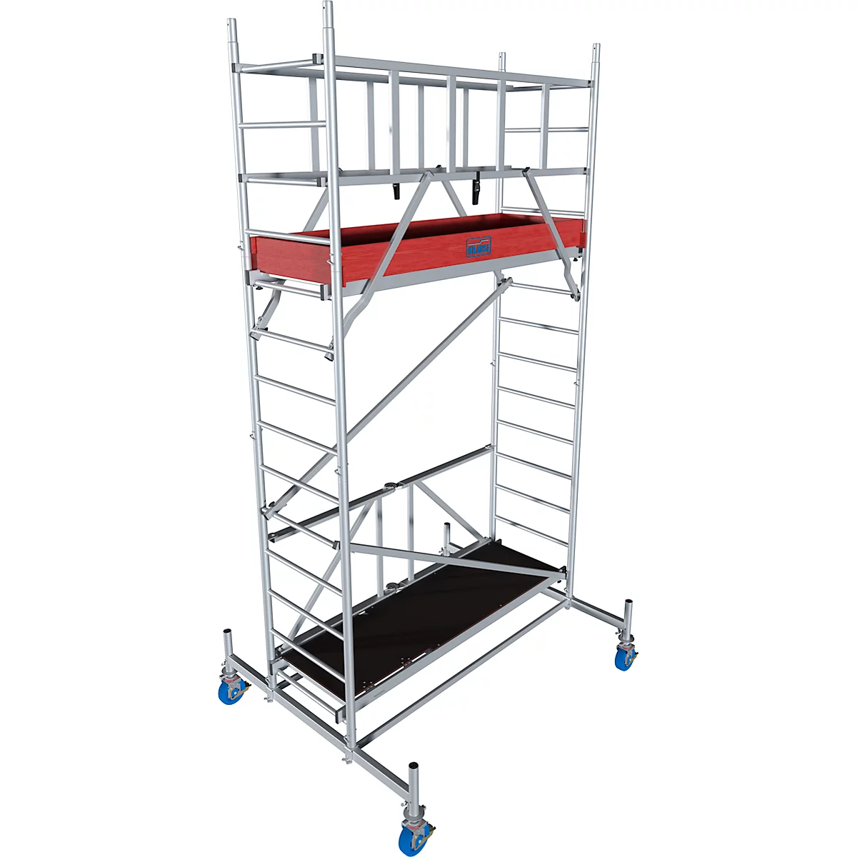 A silver metal scaffold. A red box is visible at the top, with a black platform below. Blue rollers on the bottom.