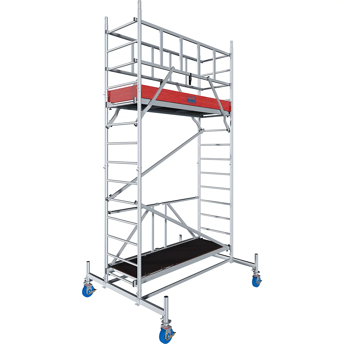 A freestanding, silver scaffold with a red platform and black steps, on blue wheels.